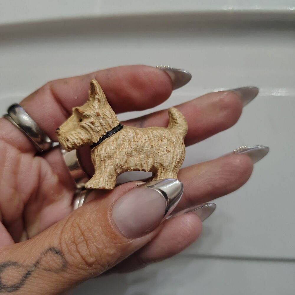 VTG Antique Hand Carved Small Terracotta Scottie Dog Figurine Black Collar - Picture 4 of 7